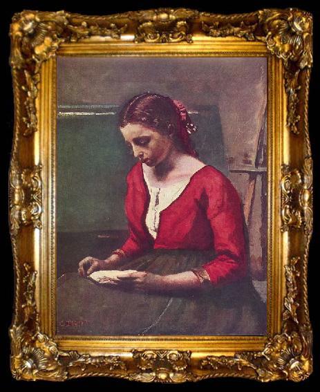framed  Jean-Baptiste-Camille Corot Lesendes Madchen in rotem Trikot, ta009-2